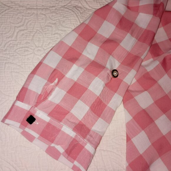 Atikshop Button-Up Shirt Pink & Yellow Gingham Colorblock Front Pocket Womens - Picture 9 of 13